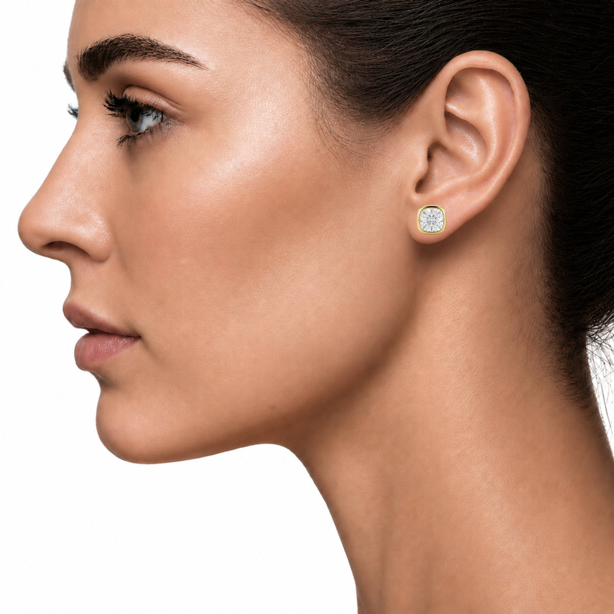 Lab-Grown Diamond Cushion Solitaire Bezel Stud Earrings in 14K White Gold or 14K Yellow Gold
