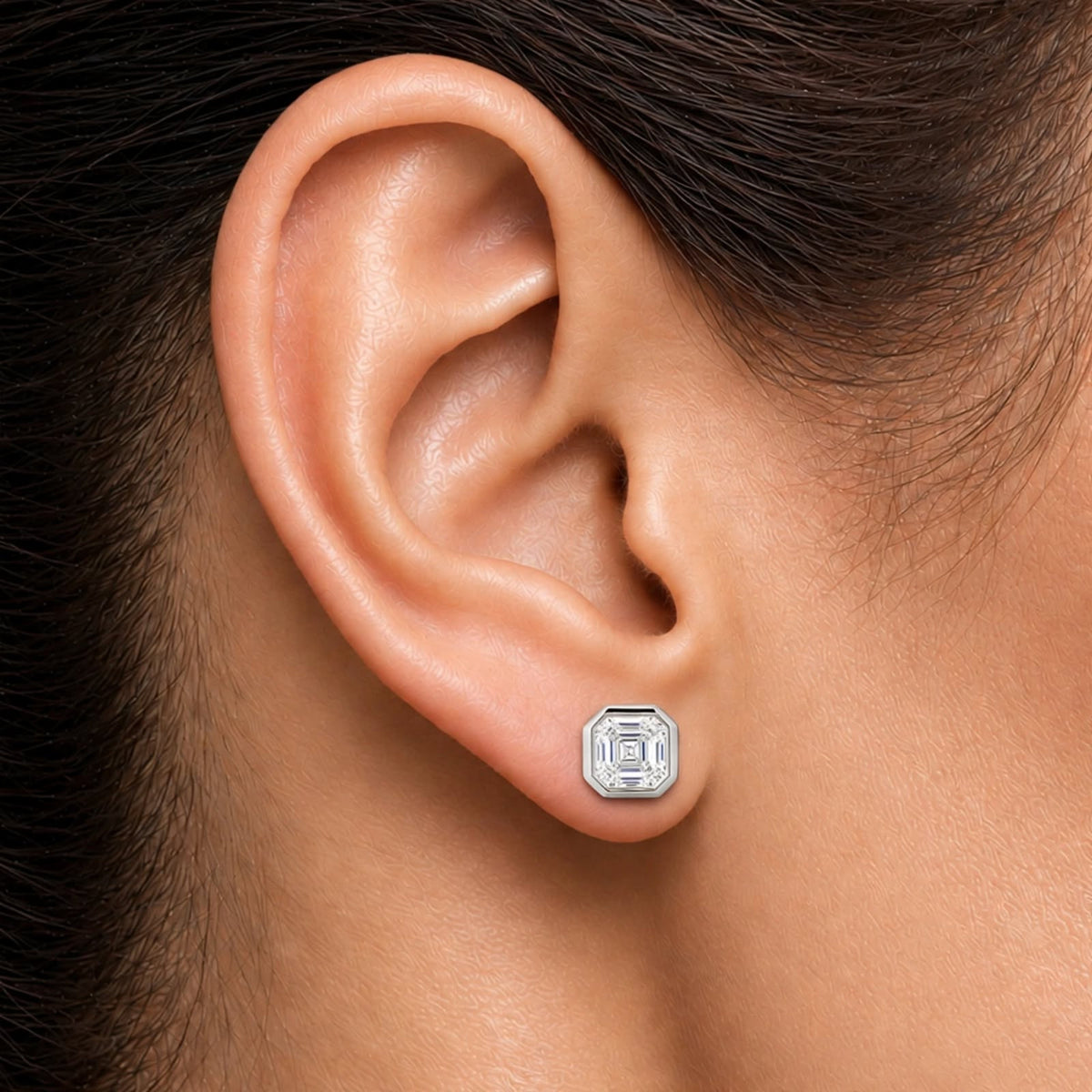 Lab-Grown Diamond Asscher Solitaire Bezel Stud Earrings in 14K White Gold or 14K Yellow Gold
