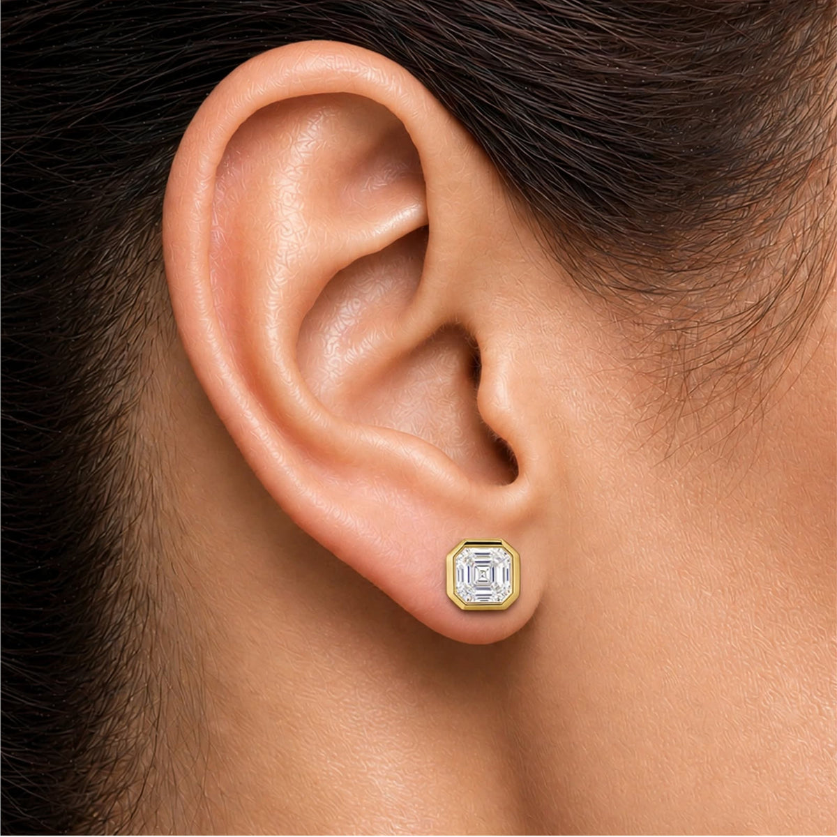 Lab-Grown Diamond Asscher Solitaire Bezel Stud Earrings in 14K White Gold or 14K Yellow Gold