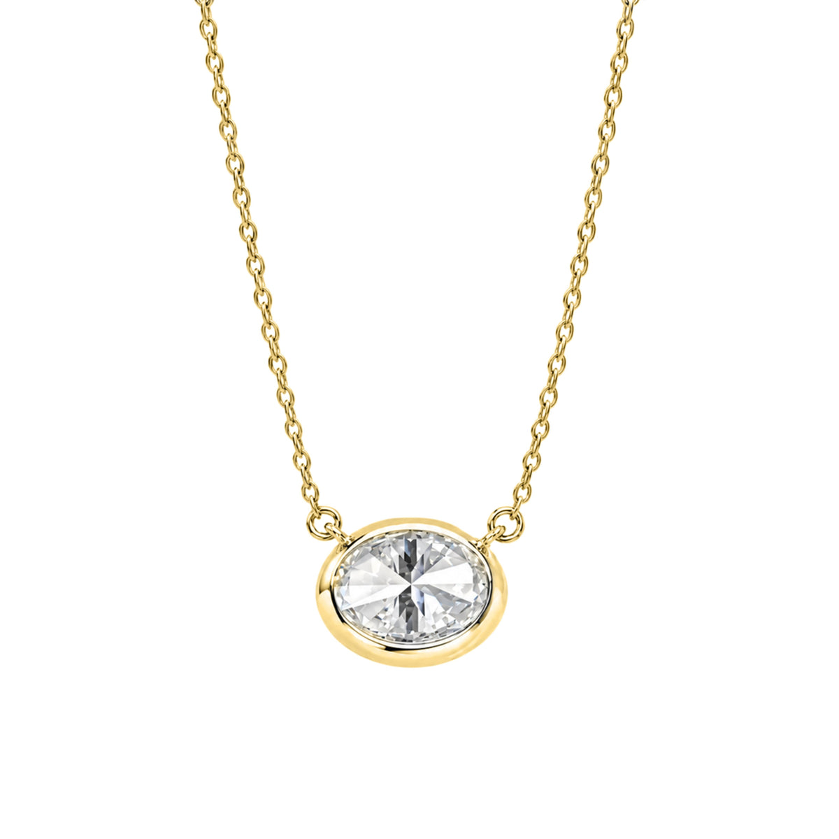 Lab-Grown Diamond Oval Solitaire Bezel Pendant Necklace in 14K White Gold or 14K Yellow Gold