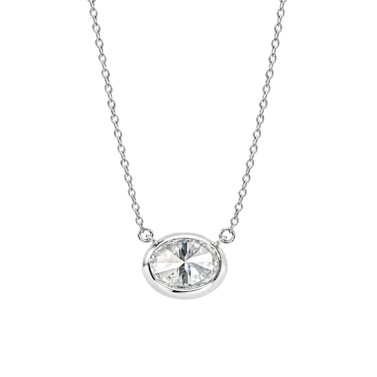 Lab-Grown Diamond Oval Solitaire Bezel Pendant Necklace in 14K White Gold or 14K Yellow Gold