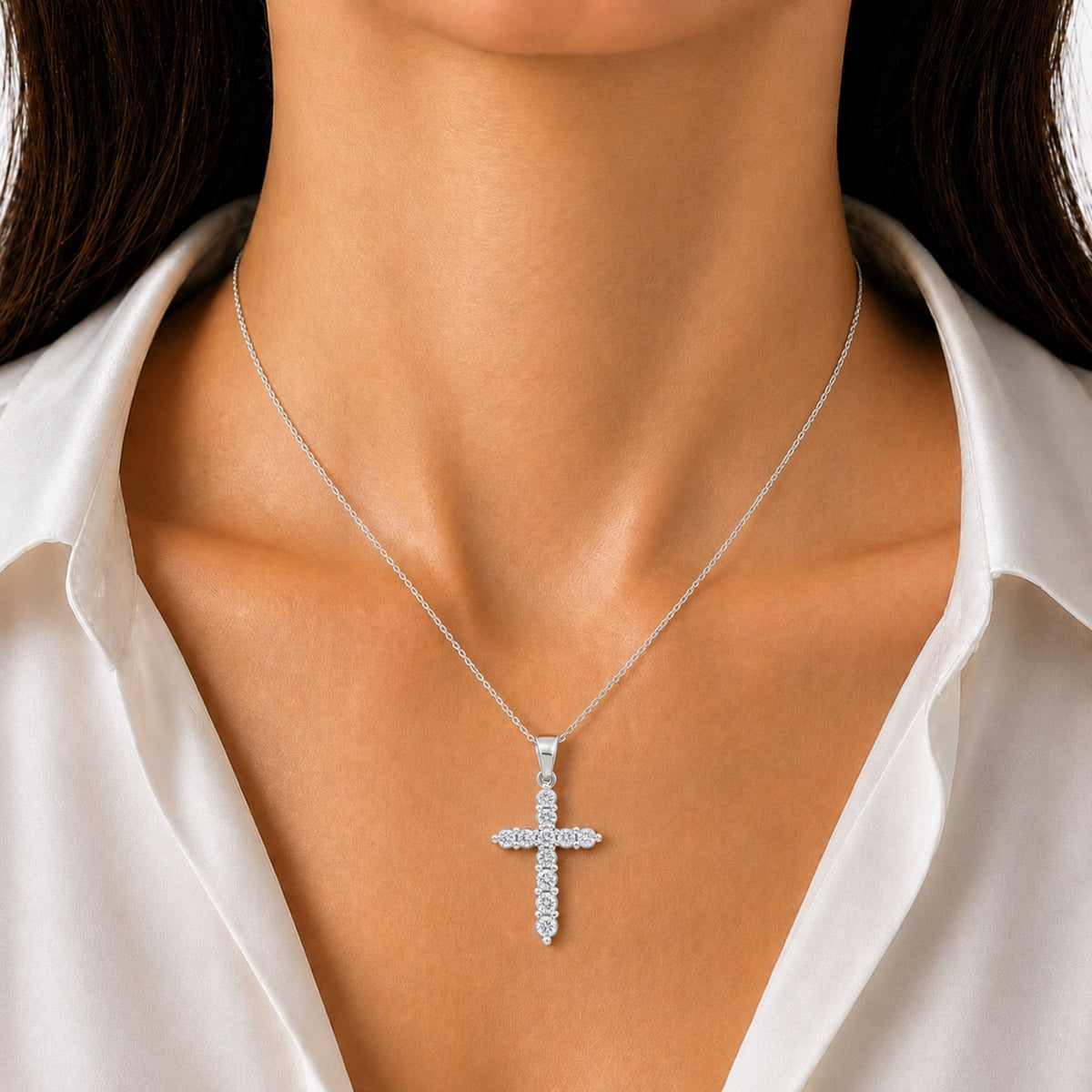 2 ct. T.W. Lab-Grown Diamond Round Cross Pendant Necklace in Sterling Silver or 14K Gold over Silver