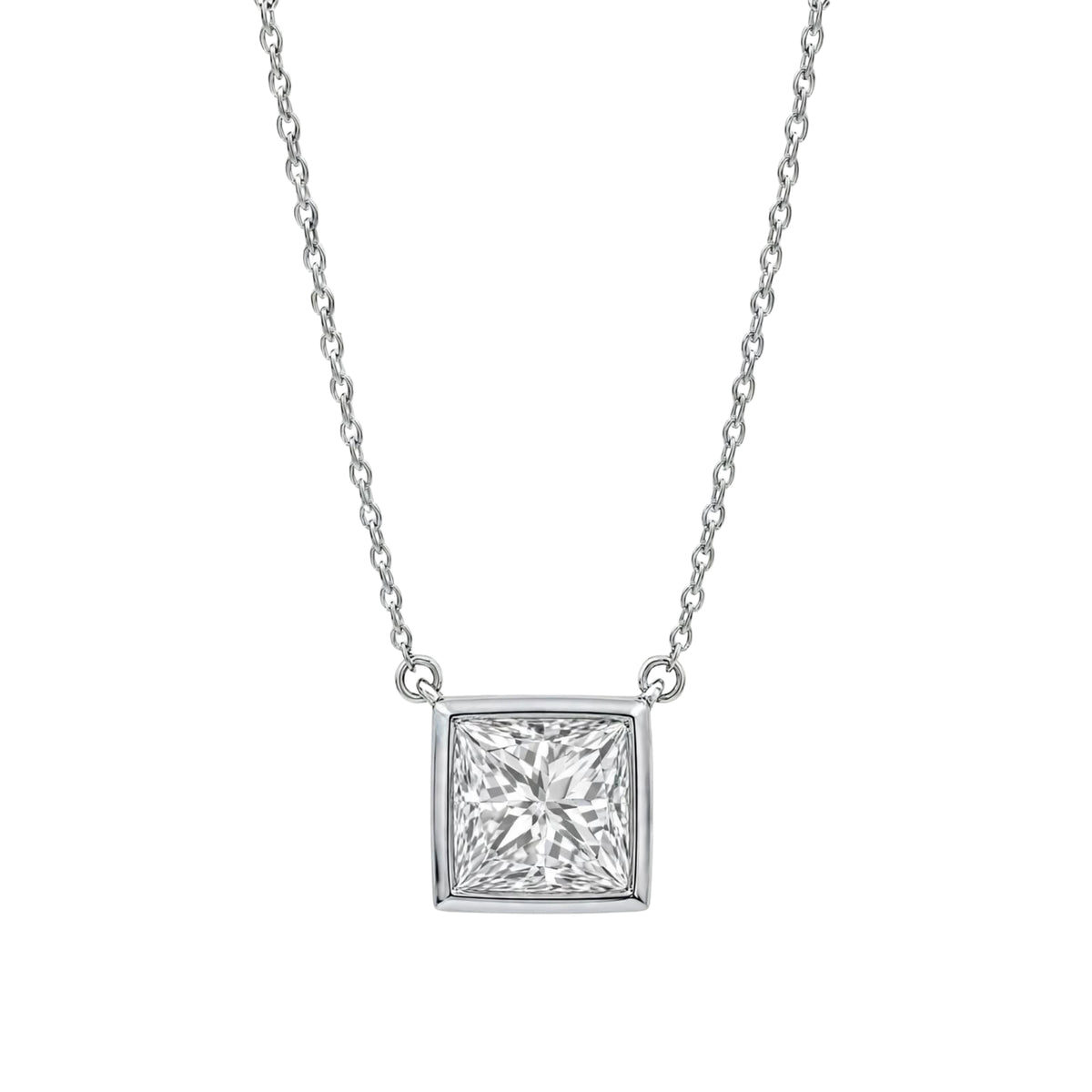 Lab-Grown Diamond Princess Solitaire Bezel Pendant Necklace in 14K White Gold or 14K Yellow Gold