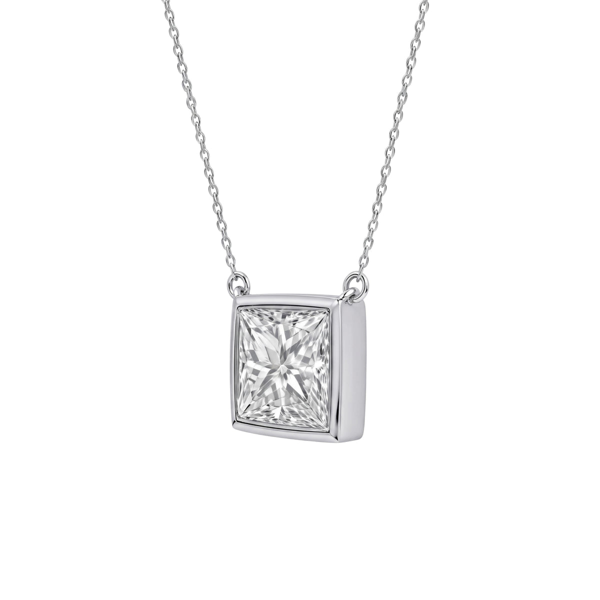 Lab-Grown Diamond Princess Solitaire Bezel Pendant Necklace in 14K White Gold or 14K Yellow Gold