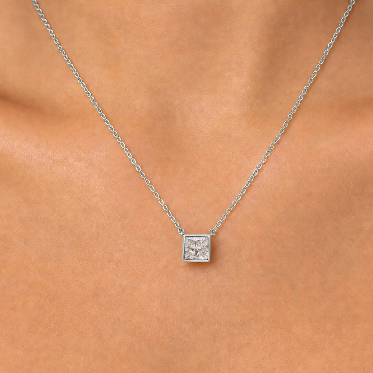 Lab-Grown Diamond Princess Solitaire Bezel Pendant Necklace in 14K White Gold or 14K Yellow Gold