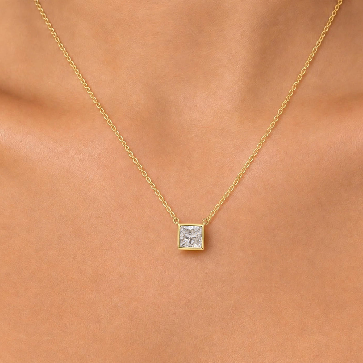 Lab-Grown Diamond Princess Solitaire Bezel Pendant Necklace in 14K White Gold or 14K Yellow Gold