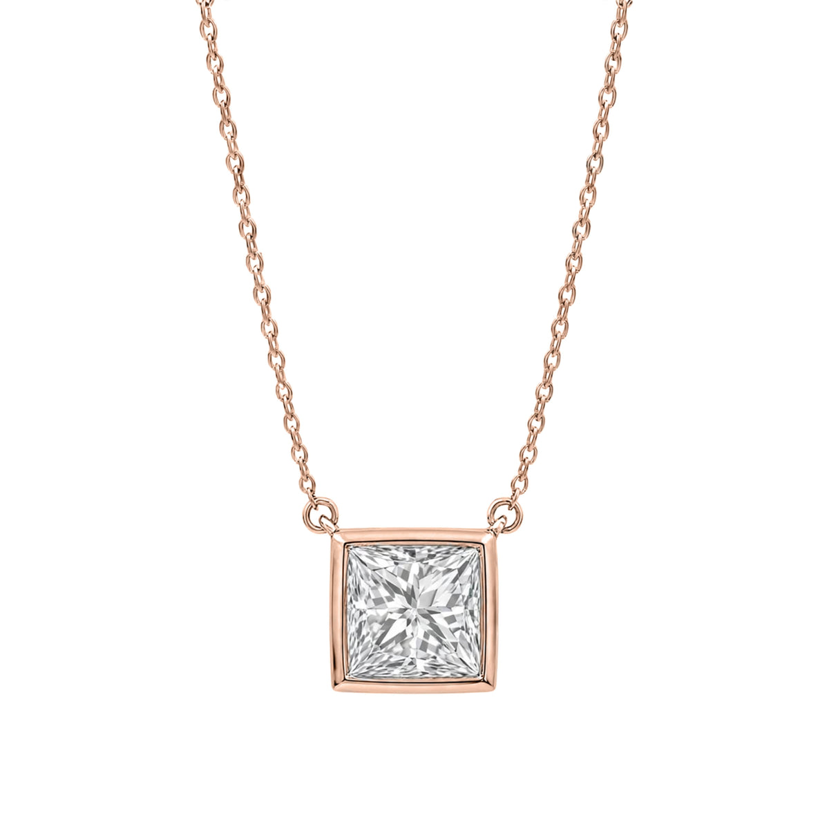 Lab-Grown Diamond Princess Solitaire Bezel Pendant Necklace in 14K White Gold or 14K Yellow Gold