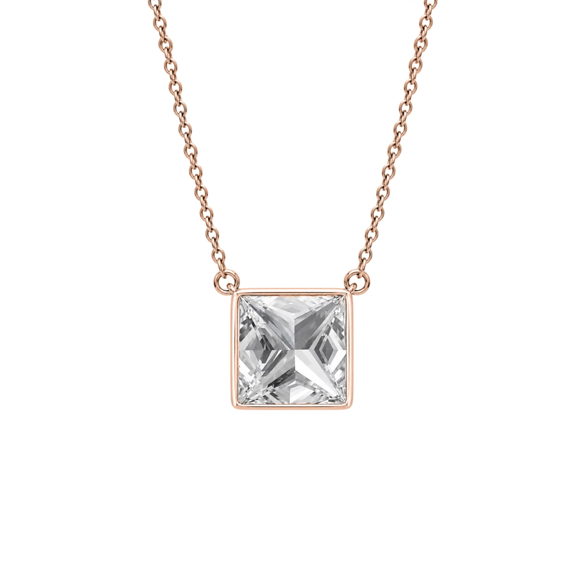 Lab-Grown Diamond Princess Solitaire Bezel Pendant Necklace in 14K White Gold or 14K Yellow Gold