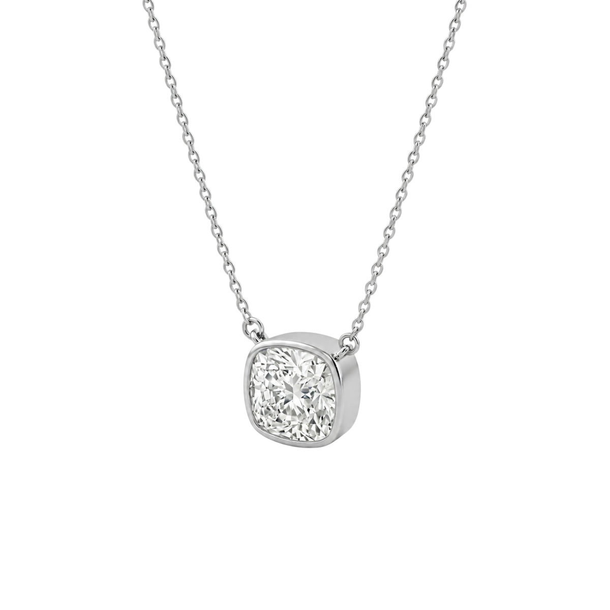 Lab-Grown Diamond Cushion Solitaire Bezel Pendant Necklace in 14K White Gold or 14K Yellow Gold