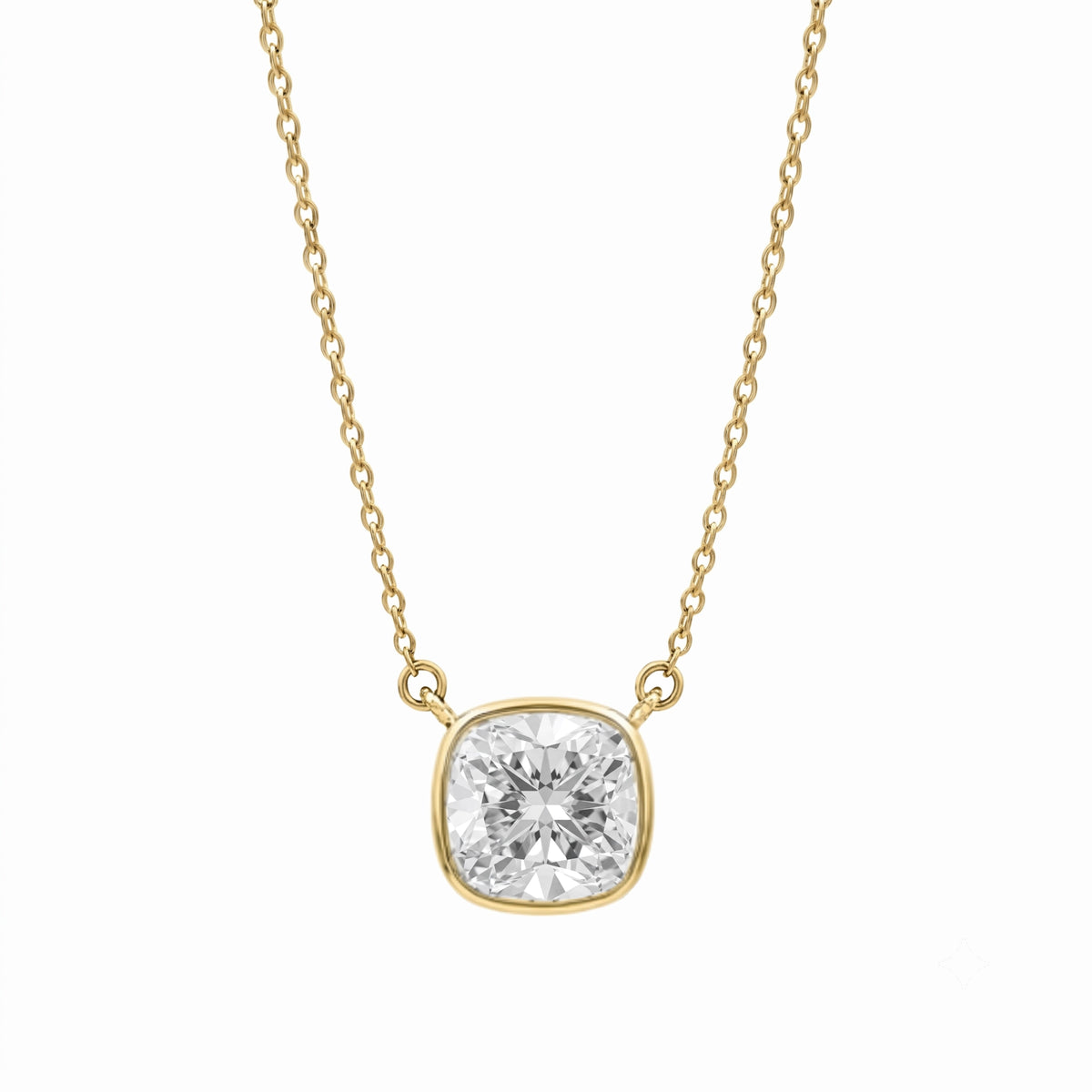 Lab-Grown Diamond Cushion Solitaire Bezel Pendant Necklace in 14K White Gold or 14K Yellow Gold