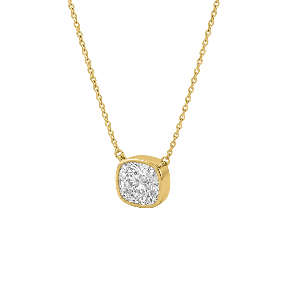 Lab-Grown Diamond Cushion Solitaire Bezel Pendant Necklace in 14K White Gold or 14K Yellow Gold
