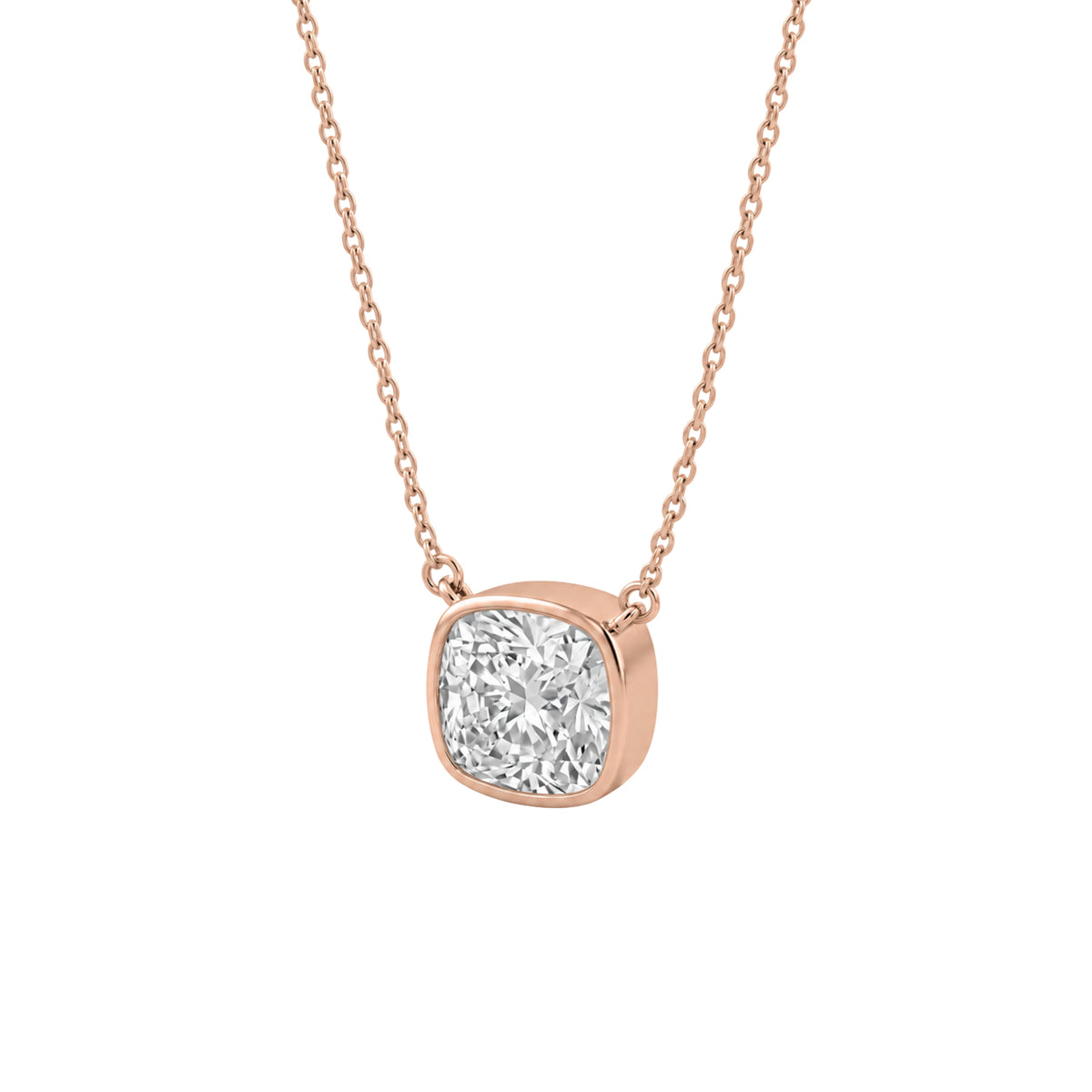 Lab-Grown Diamond Cushion Solitaire Bezel Pendant Necklace in 14K White Gold or 14K Yellow Gold