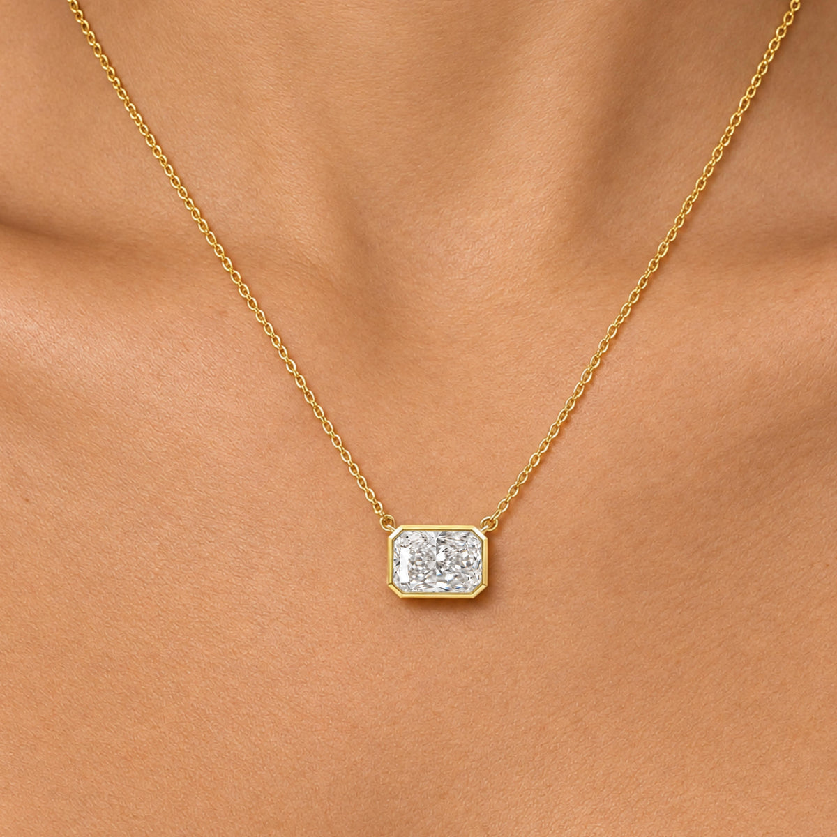 Lab-Grown Diamond Radiant Solitaire Bezel Pendant Necklace in 14K White Gold or 14K Yellow Gold