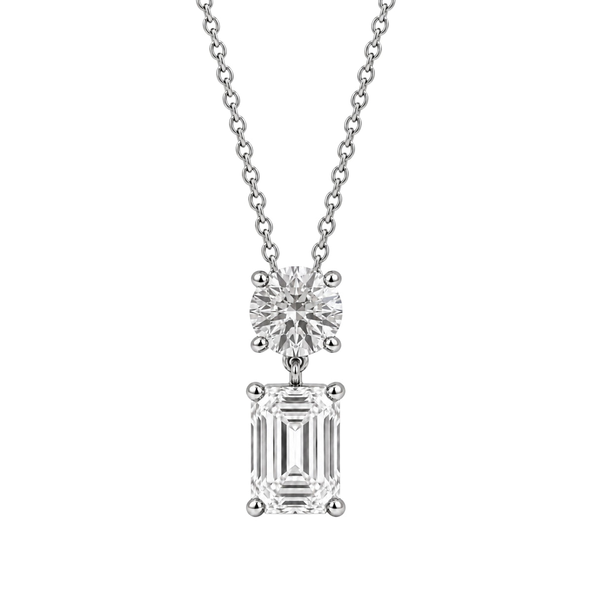 Lab-Grown Diamond Round & Emerald-Cut 2 Stone Pendant in 14K White Gold or 14K Yellow Gold