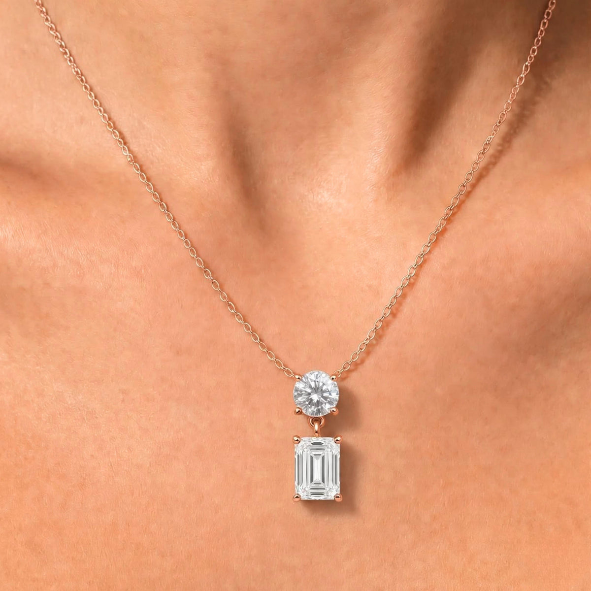 Lab-Grown Diamond Round & Emerald-Cut 2 Stone Pendant in 14K White Gold or 14K Yellow Gold