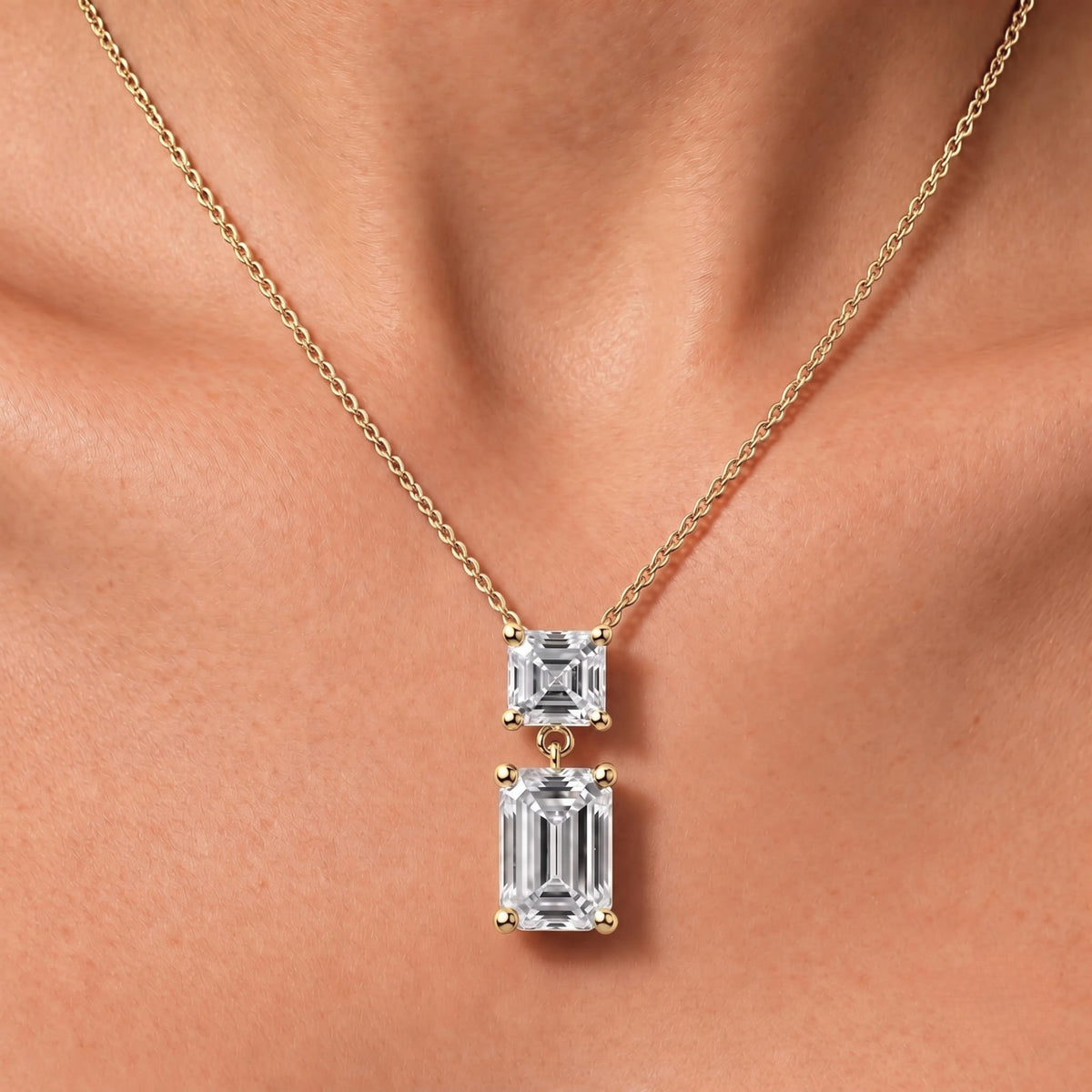 Lab-Grown Diamond Round-Asscher 2 Stone Pendant in 14K White Gold or 14K Yellow Gold