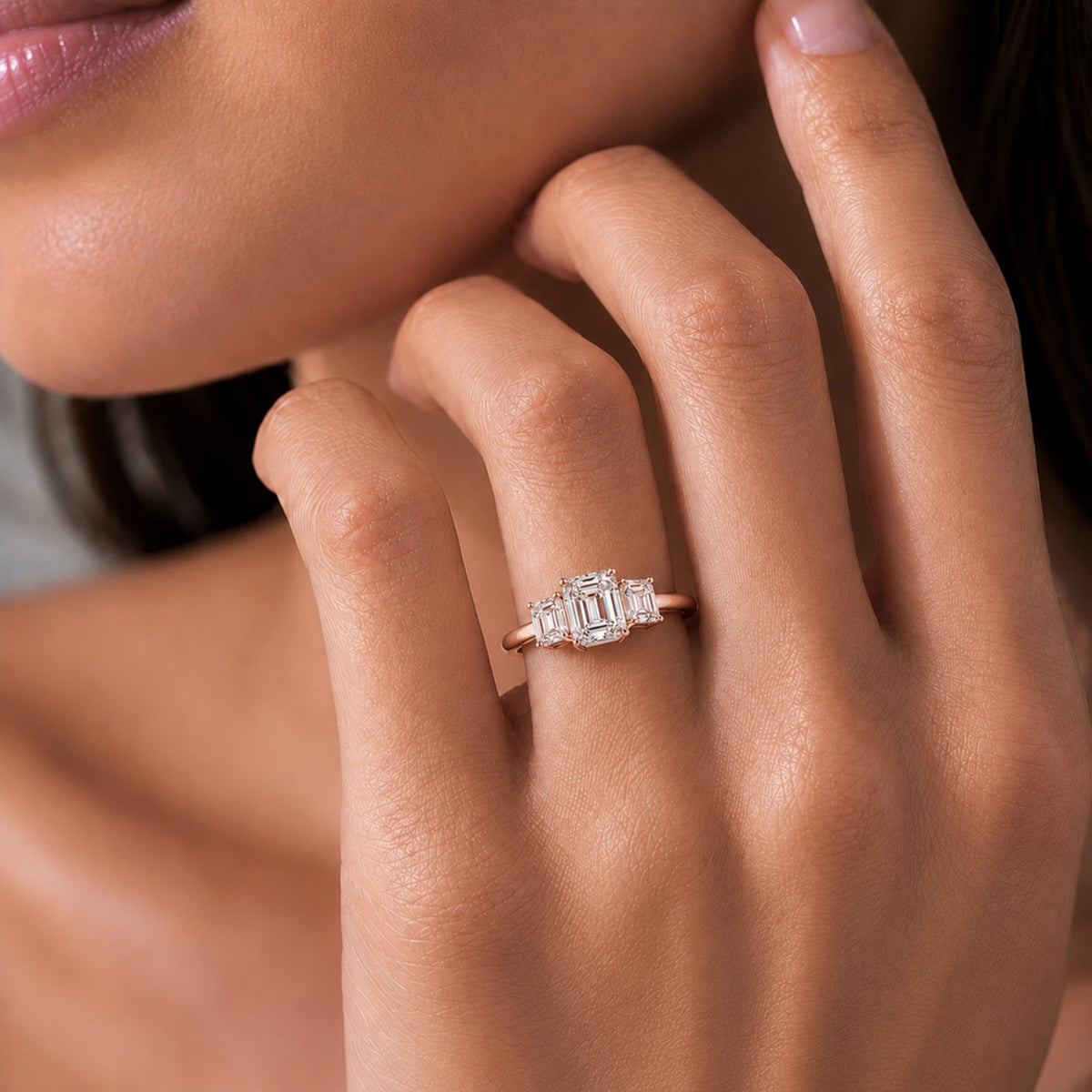 Lab-Grown Diamond Emerald-Cut Three-Stone Engagement Ring in 14K White Gold or 14K Yellow Gold