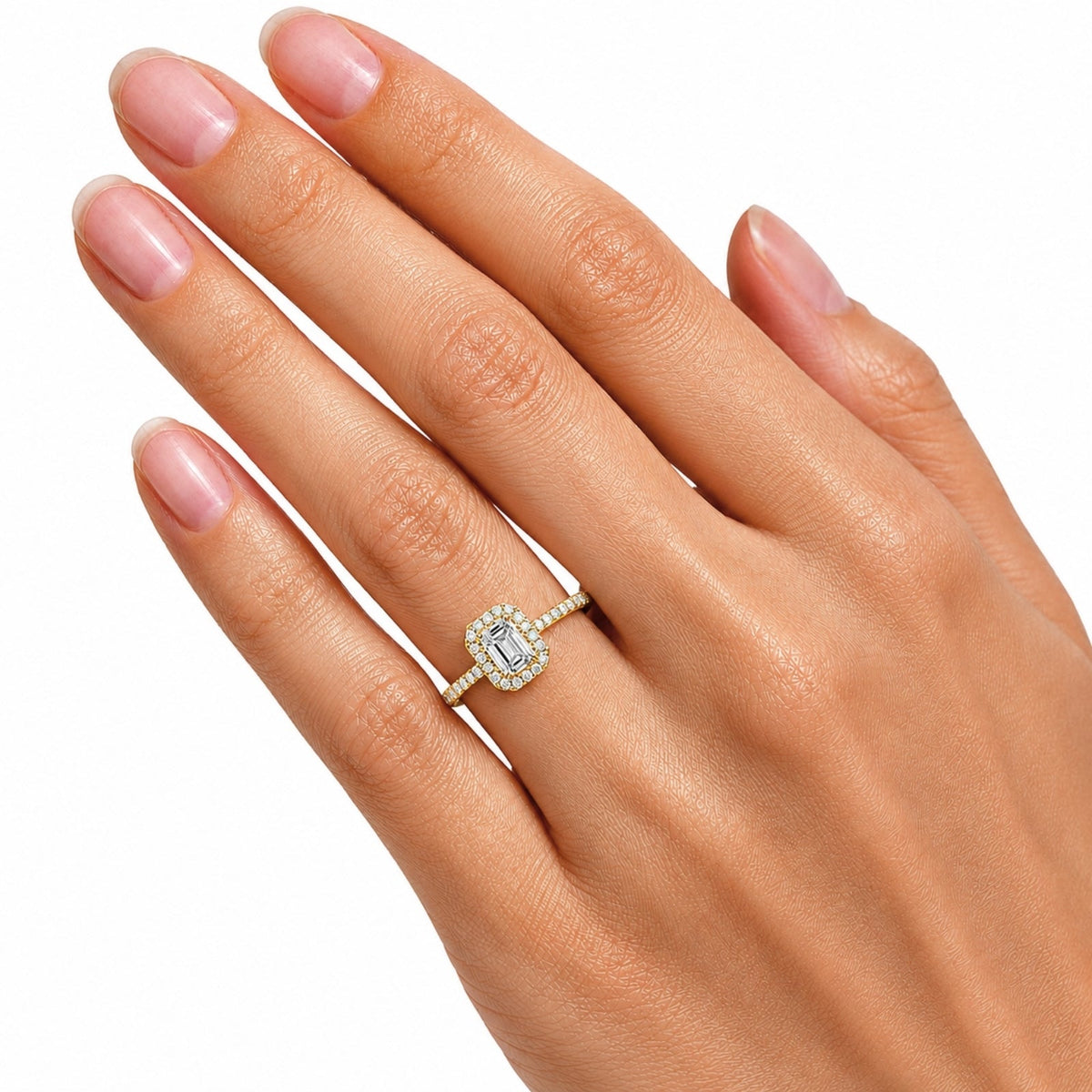 Lab-Grown Diamond Emerald-Cut Halo Engagement Ring in 14K White Gold or 14K Yellow Gold