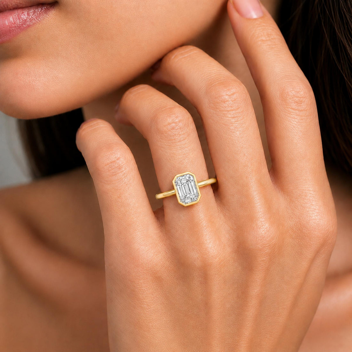 1 to 6 ct. T.W. Lab-Grown Diamond Emerald-Cut Solitaire Bezel Engagement Ring in 14K White Gold or 14K Yellow Gold