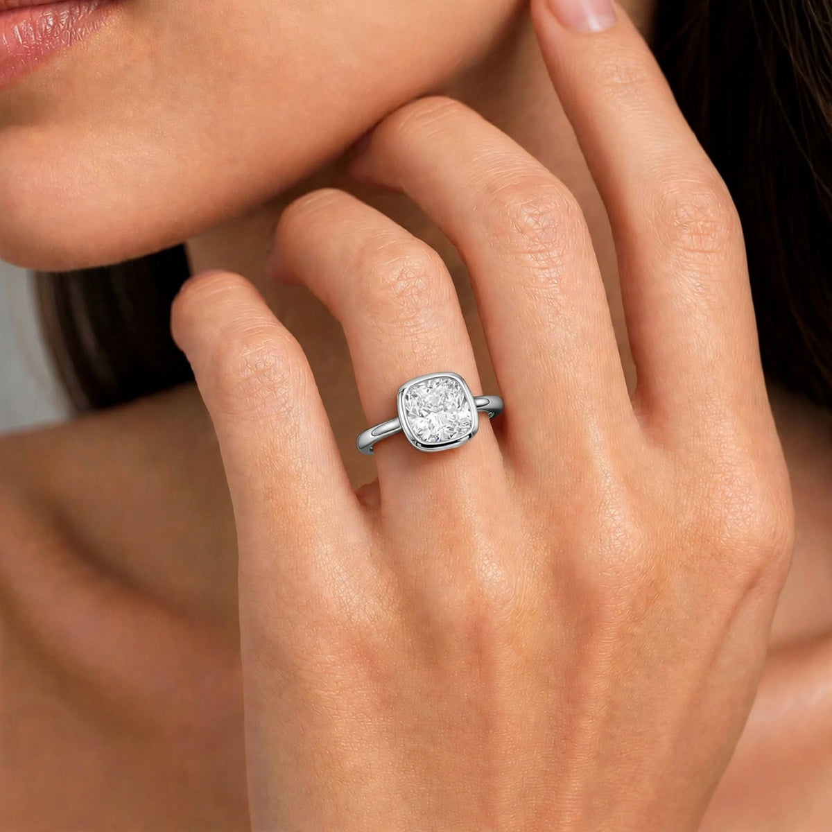 Lab-Grown Diamond Cushion Cut Solitaire Bezel Engagement Ring in 14K White Gold or 14K Yellow Gold