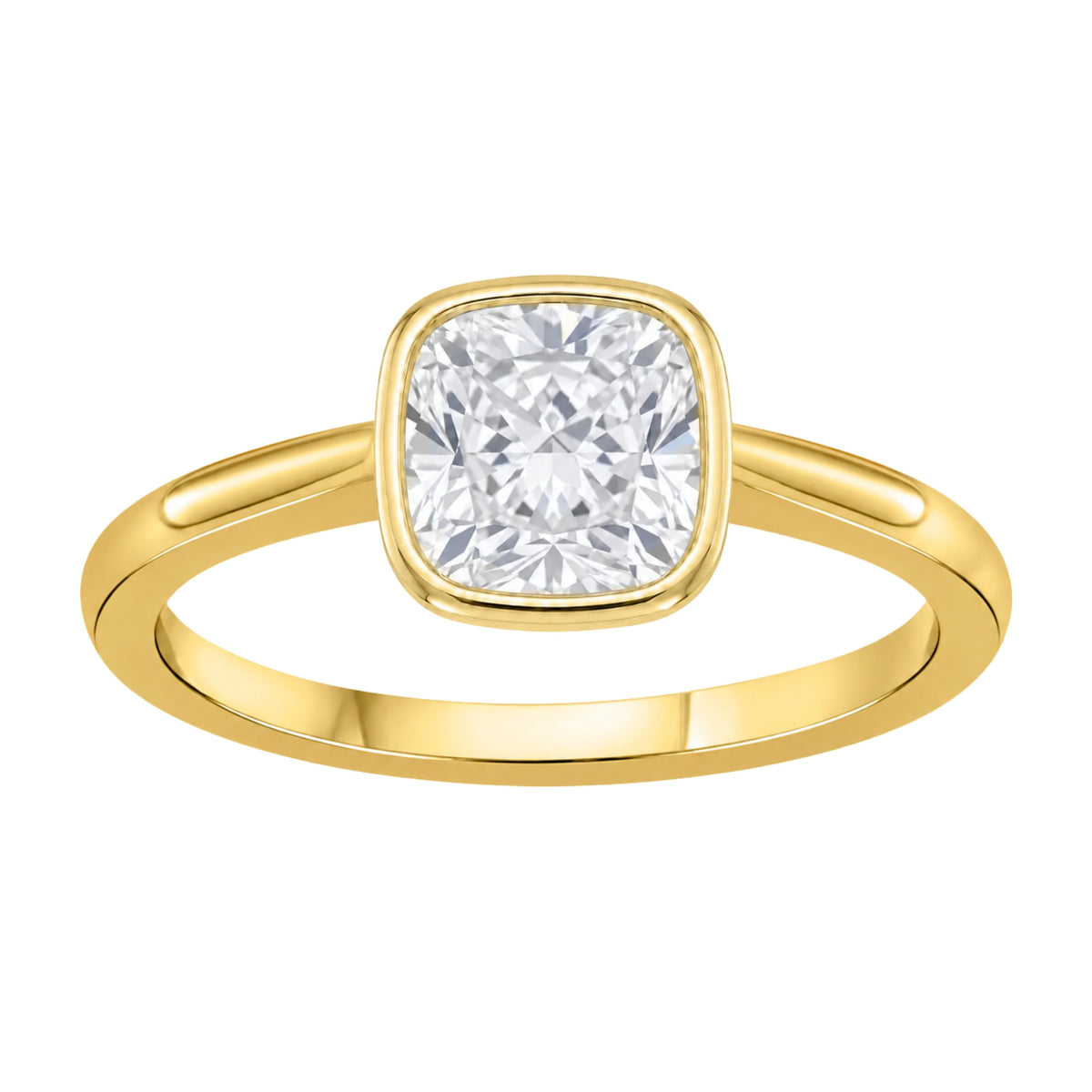 Lab-Grown Diamond Cushion Cut Solitaire Bezel Engagement Ring in 14K White Gold or 14K Yellow Gold