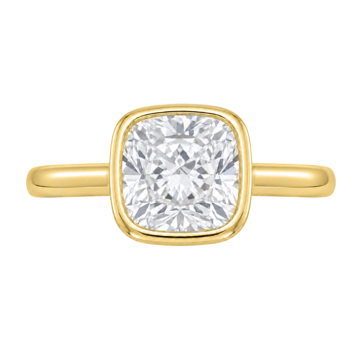 Lab-Grown Diamond Cushion Cut Solitaire Bezel Engagement Ring in 14K White Gold or 14K Yellow Gold