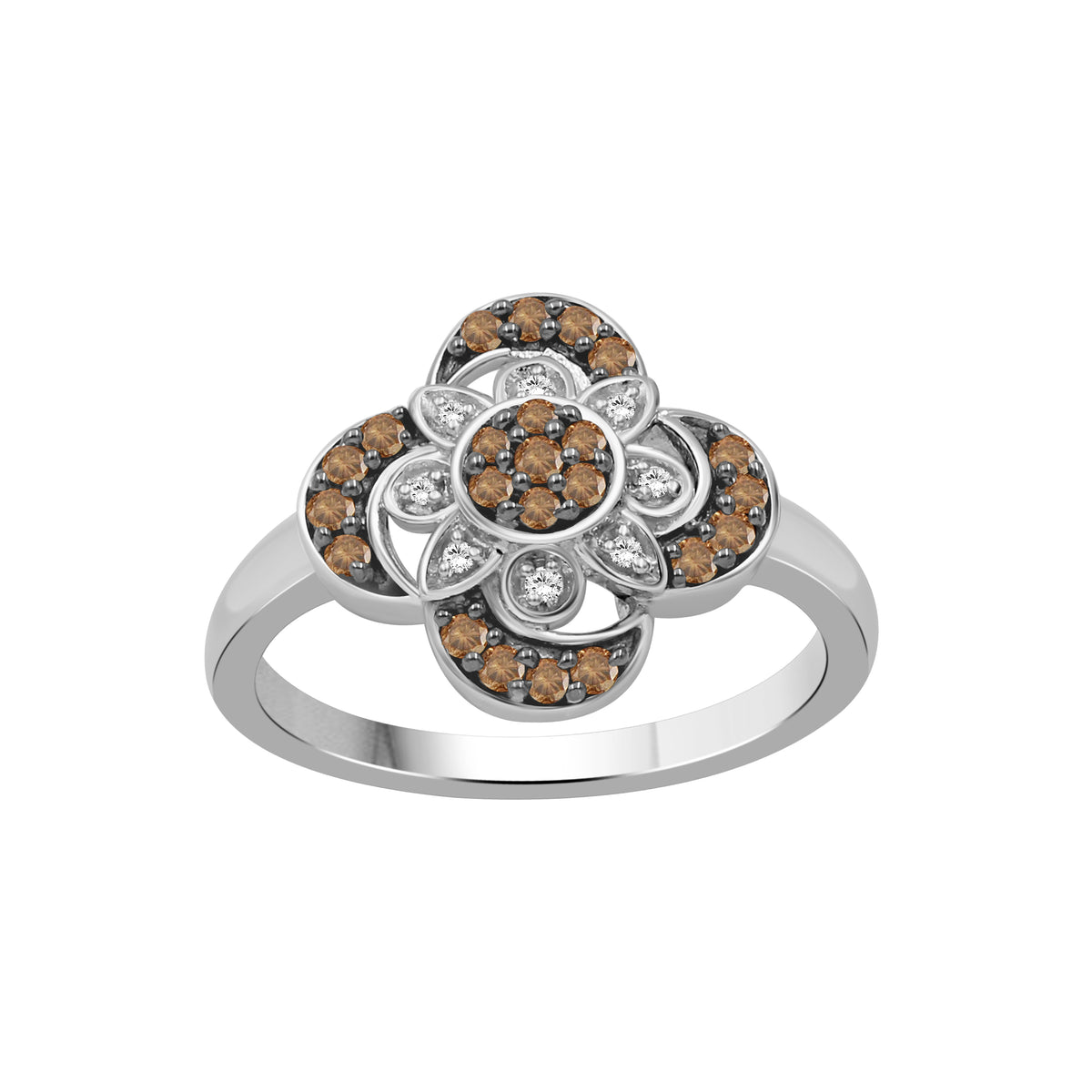 1/4 ctw Champagne and White Diamond Clover Ring in Sterling Silver