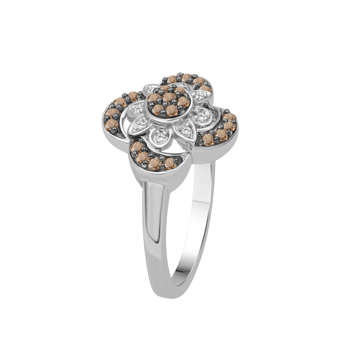 1/4 ctw Champagne and White Diamond Clover Ring in Sterling Silver