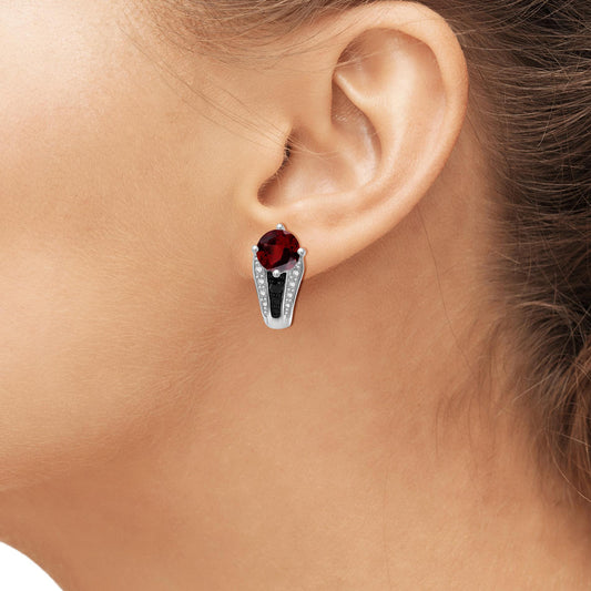 2 ct. T.G.W. Garnet J-Hoop Earrings with Black Diamond Accent in Sterling Silver