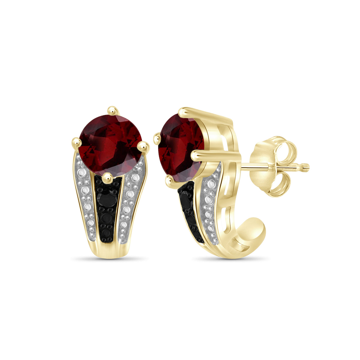 2 ct. T.G.W. Garnet J-Hoop Earrings with Black Diamond Accent in 14K Gold over Silver
