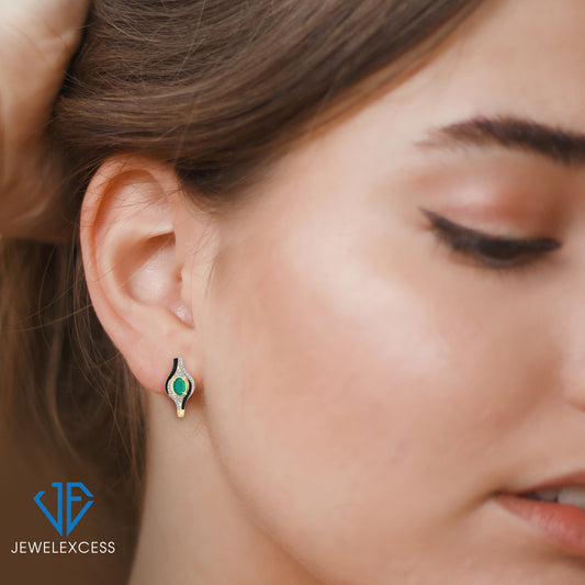 3/4 ct. T.G.W. Emerald Hoop Earrings with Black & White Diamond Accent in 14K Gold over Silver
