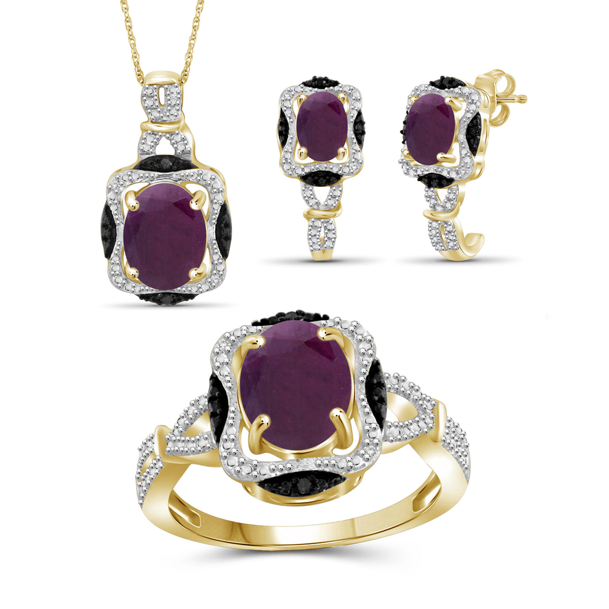 6 3/4 ct. T.G.W. Ruby & 1/20 ct. T.W. Black & White Diamond 3-Piece Jewelry Set in 14K Gold over Silver