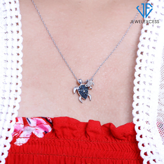 Blue & White Diamond Sea Turtle Mom Pendant in Sterling Silver