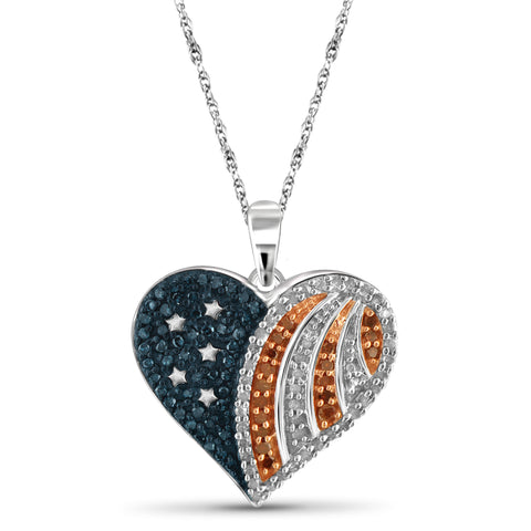 Diamond American Flag Necklace – Stars and Stripes Heart Pendant with .925 Sterling Silver Chain Necklace – Genuine .33 CTW Red, White, Blue Diamond Necklace Patriotic Jewelry for Women
