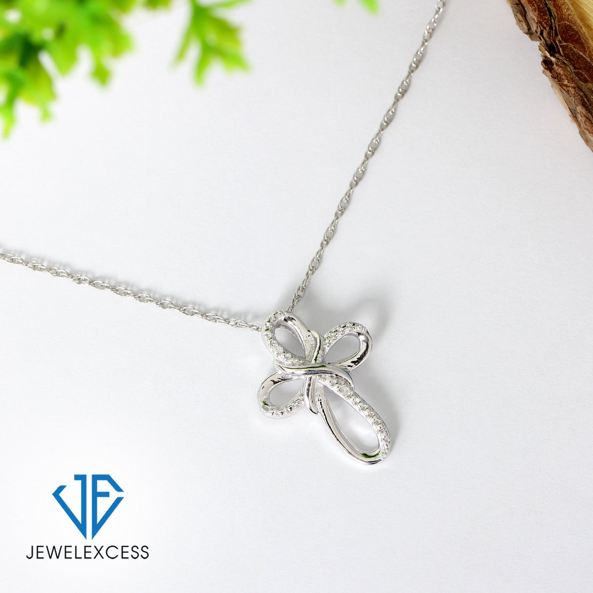 White Diamond Cross Pendant in Sterling Silver or 14K Gold over Silver