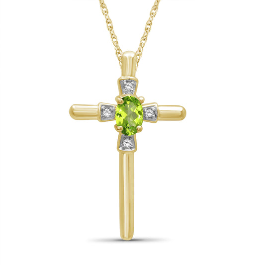 Peridot Cross Pendant with Diamond Accents in Sterling Silver or 14K Gold over Silver