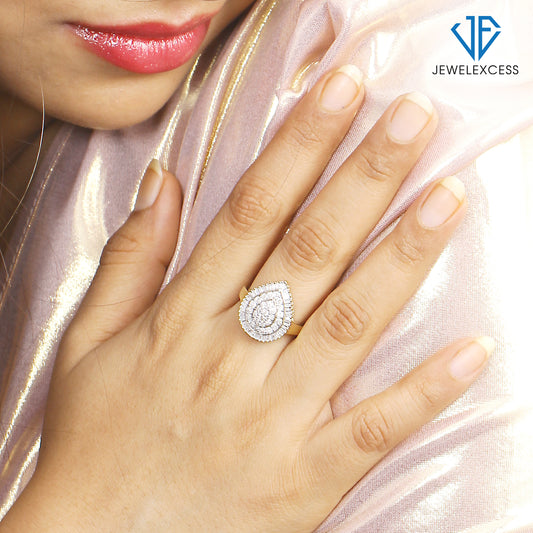 White Diamond Teardrop Halo Ring in 14K Gold over Silver