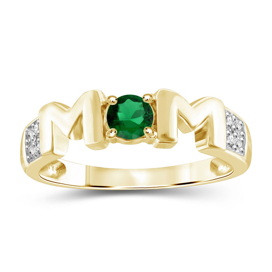 Created Emerald & Created White Sapphire Mother's Ring in Sterling Silver or 14K Gold over Silver