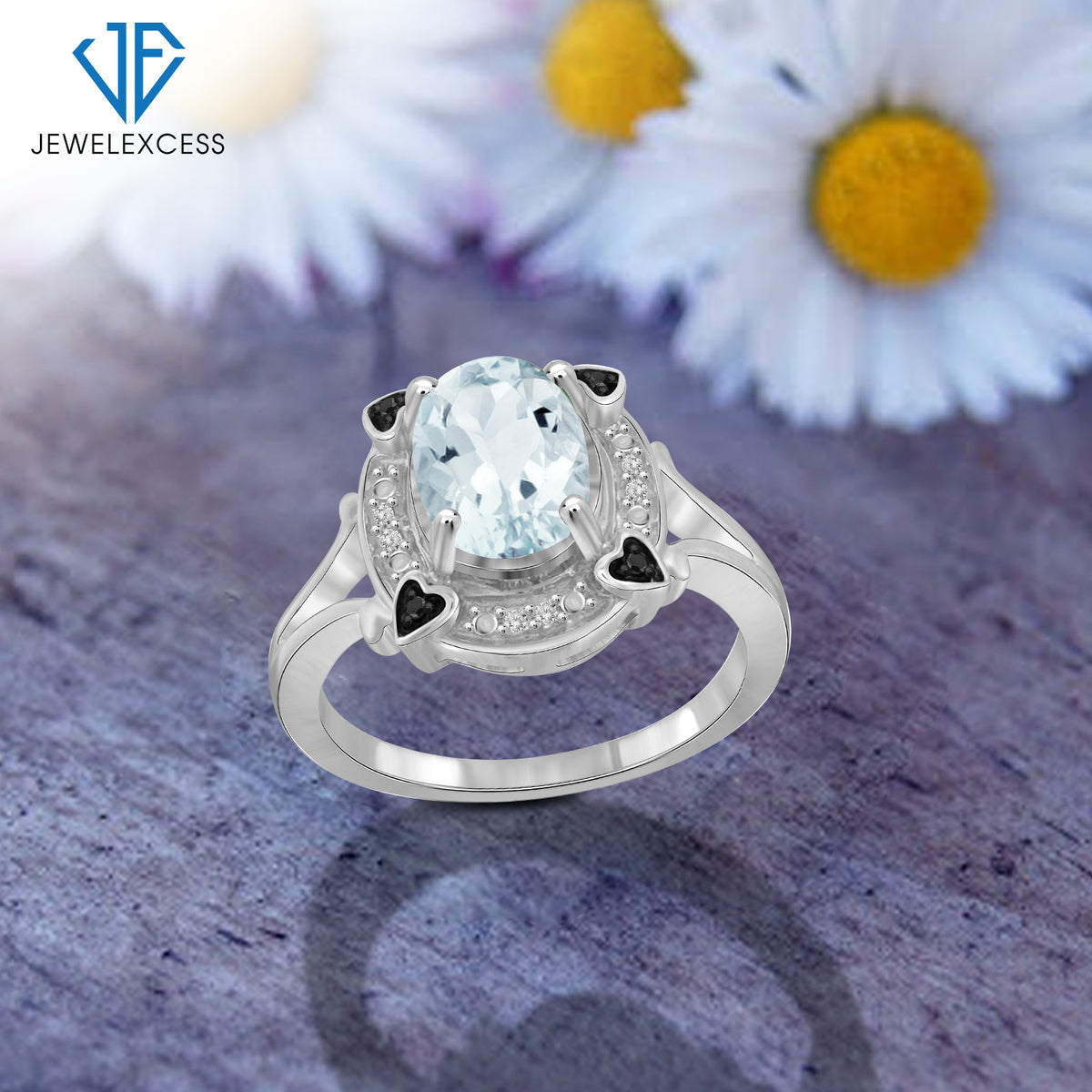 1.65 ct. T.G.W. Aquamarine Ring with Black & White Diamond Accents in Sterling Silver
