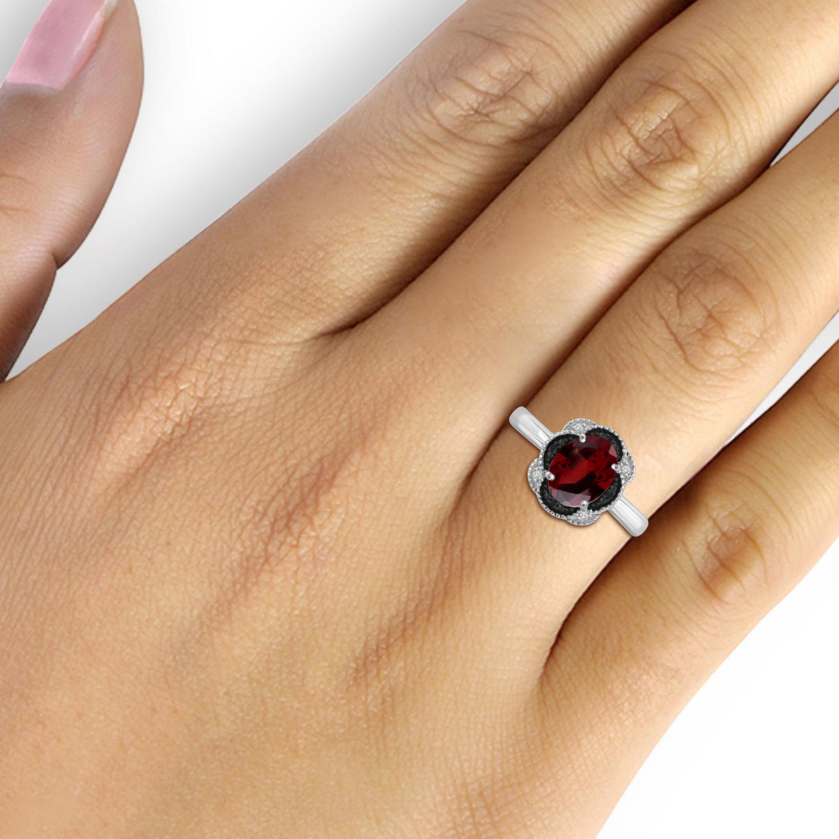 2.20 ct. T.G.W. Garnet Ring with Black & White Diamond Accents in Sterling Silver
