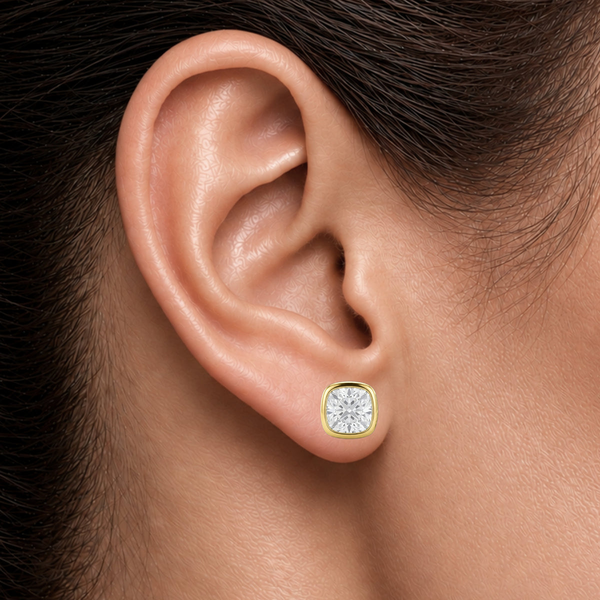Lab-Grown Diamond Cushion Solitaire Bezel Stud Earrings in 14K White Gold or 14K Yellow Gold
