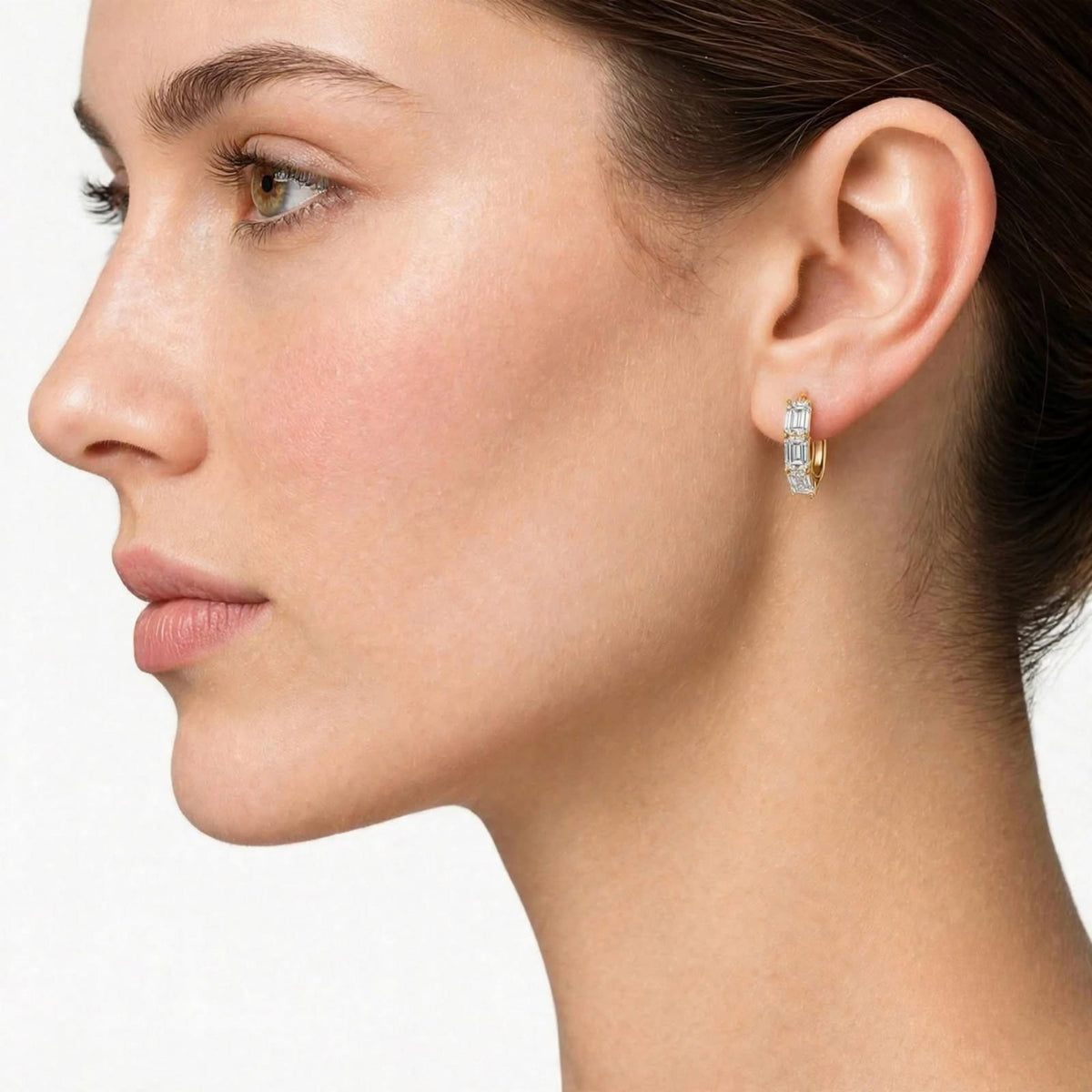 Lab-Grown Diamond 3 Stone Hoop Earrings in 14K White Gold or 14K Yellow Gold