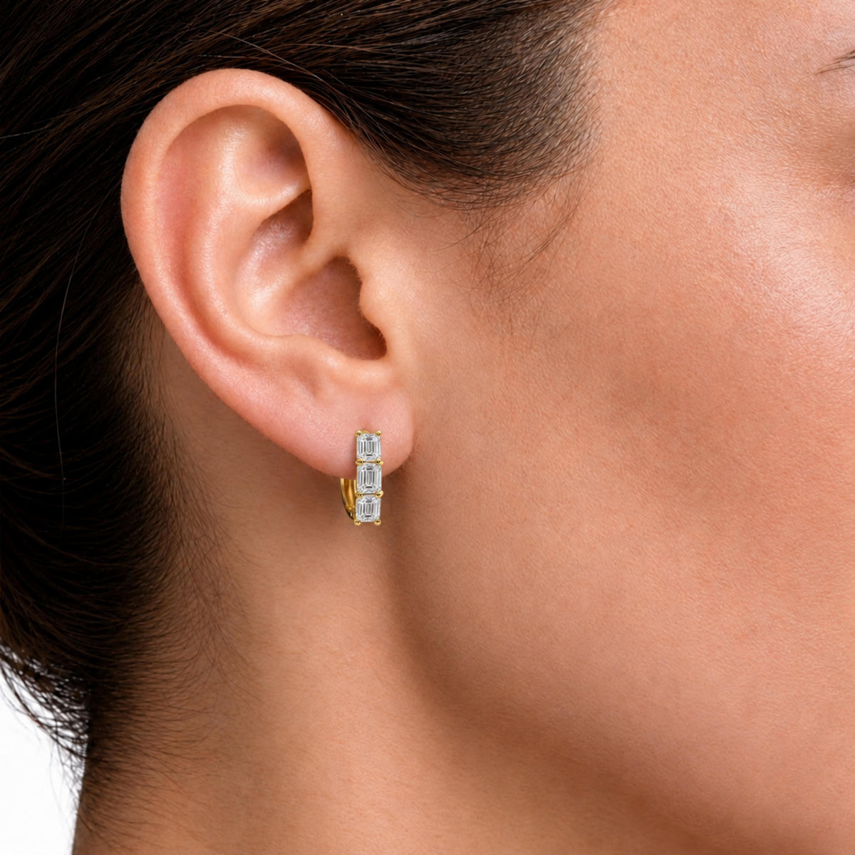 Lab-Grown Diamond 3 Stone Hoop Earrings in 14K White Gold or 14K Yellow Gold