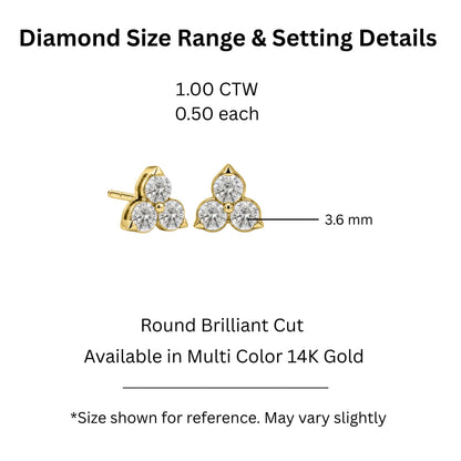 Lab-Grown Diamond Round Three-Stone Earrings in 14K White Gold or 14K Yellow Gold