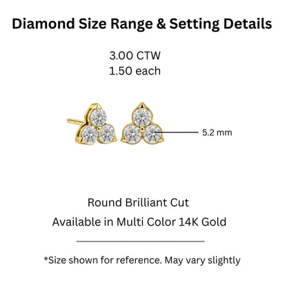 Lab-Grown Diamond Round Three-Stone Earrings in 14K White Gold or 14K Yellow Gold