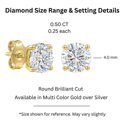 0.5 ct. T.W. Lab-Grown Diamond Round Stud Earrings in 14K Gold over Silver