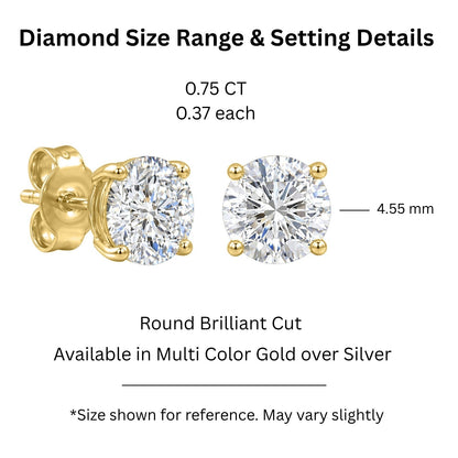 0.75 ct. T.W. Lab-Grown Diamond Round Stud Earrings in 14K Gold over Silver