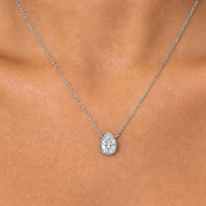 Lab-Grown Diamond Pear Solitaire Bezel Pendant Necklace in 14K White Gold or 14K Yellow Gold