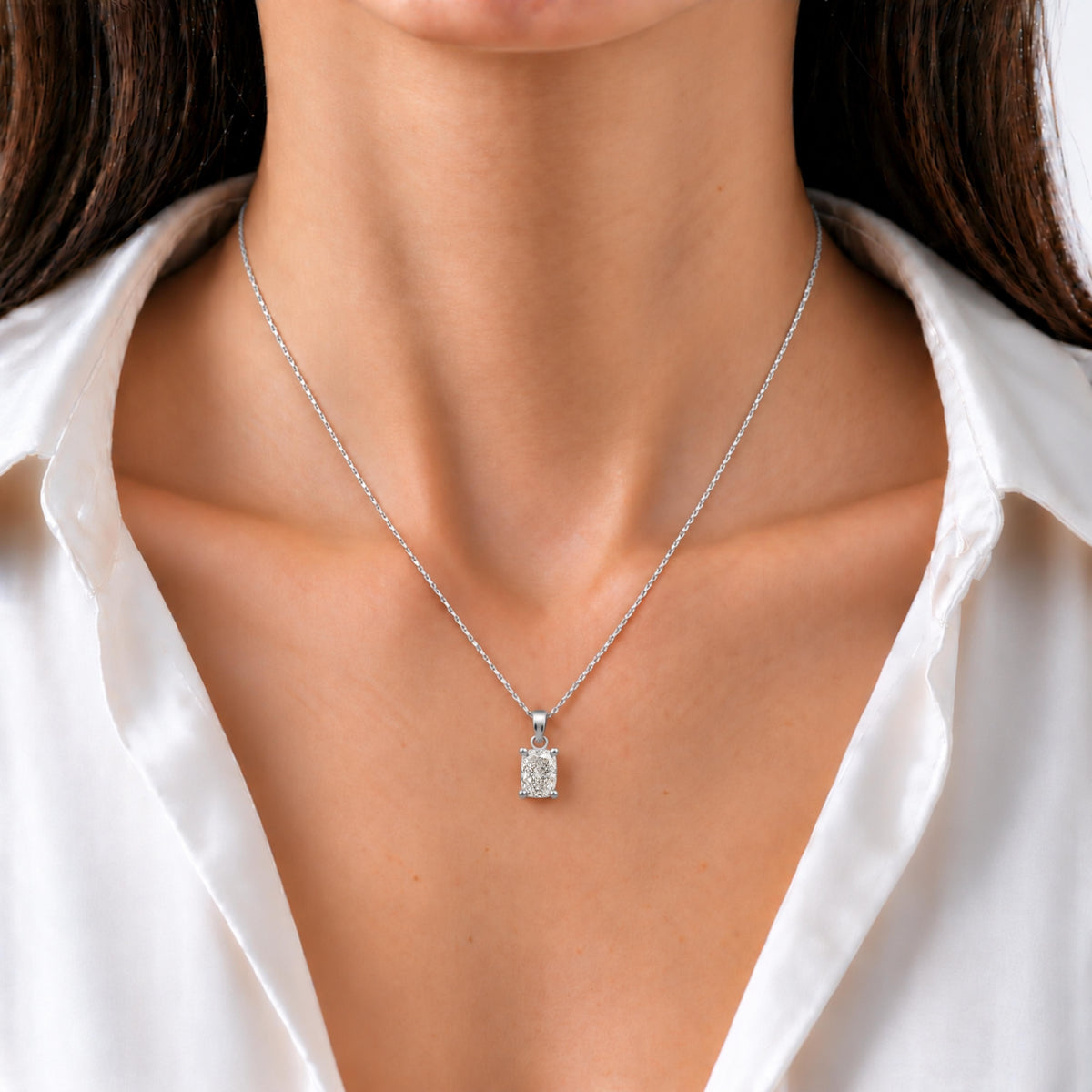 Lab-Grown Diamond Long Cushion Solitaire Pendant Necklace in 14K White Gold or 14K Yellow Gold