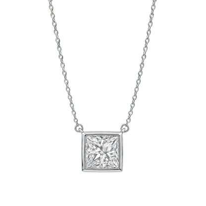 Lab-Grown Diamond Princess Solitaire Bezel Pendant Necklace in 14K White Gold or 14K Yellow Gold